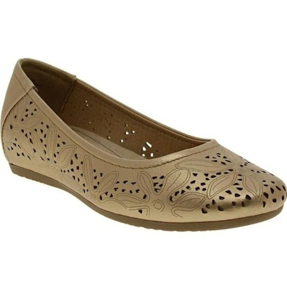 Baretraps Mariah Wedge Flats Gold Perforated Comfort Memory Foam Wide Slip On10